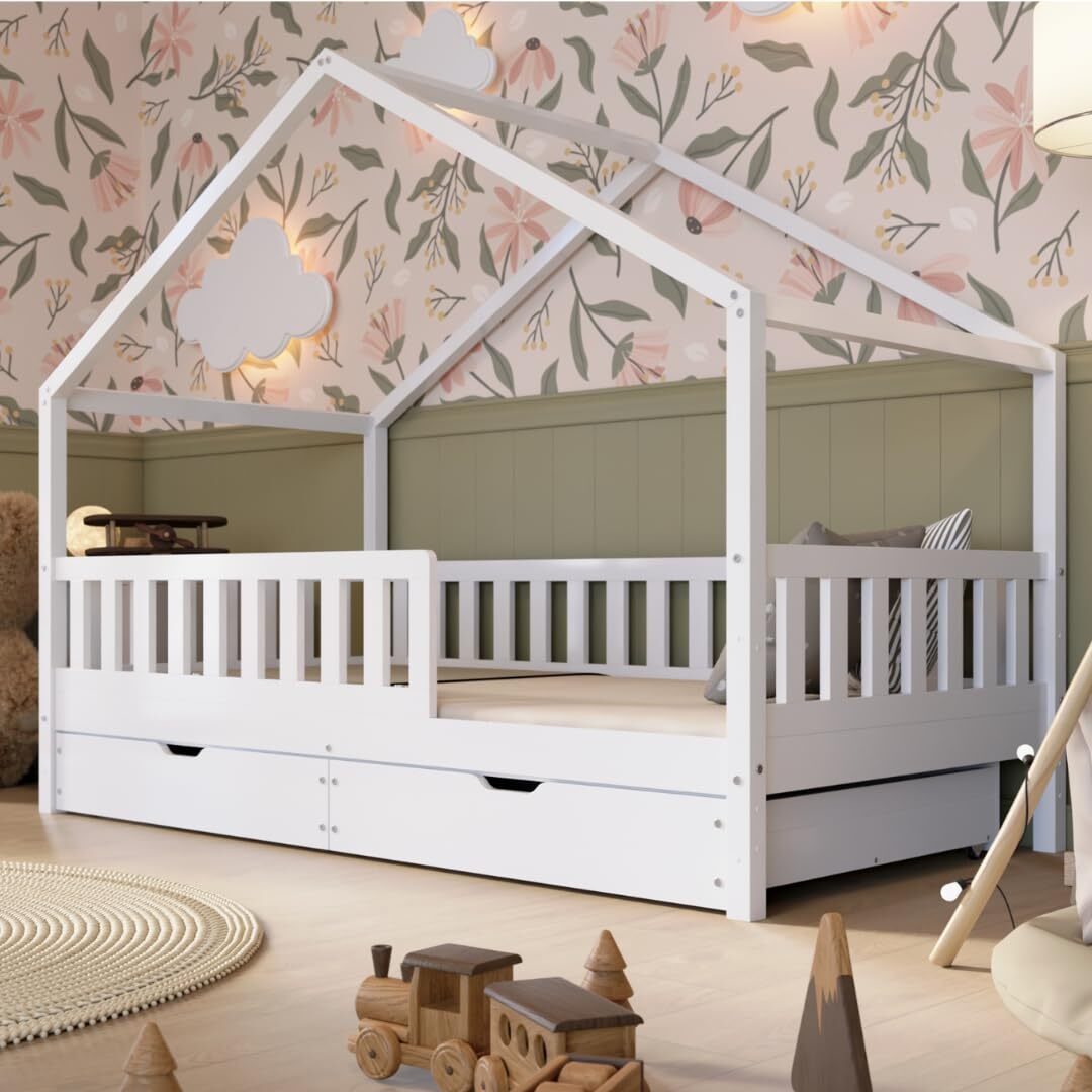 Crazy Pine Hausbett mit Schubladen 100x200 cm - Kinderbett aus Naturholz in Weiß - Bodenbett mit Stauraum und Abnehmbarer Barriere - Crazy House