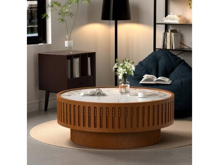 LOVEHOUGES Runder Couchtisch aus Holz mit Rillen Massiver Couchtisch in Trommelform aus Holz, stabiler Sockel, einfache Montage, für kleine Wohnzimmer