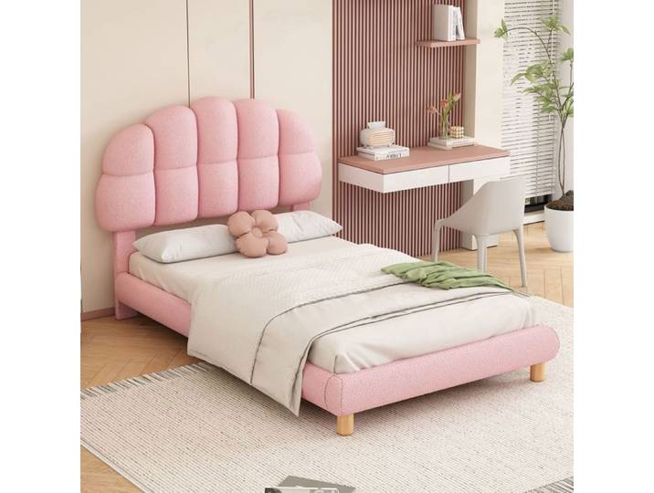Lit enfant rembourré - SOGEU - Lit Rembourré 90x200cm Tissu Bouclette Rose - Tête pétale réglable - Sommier à lattes bois