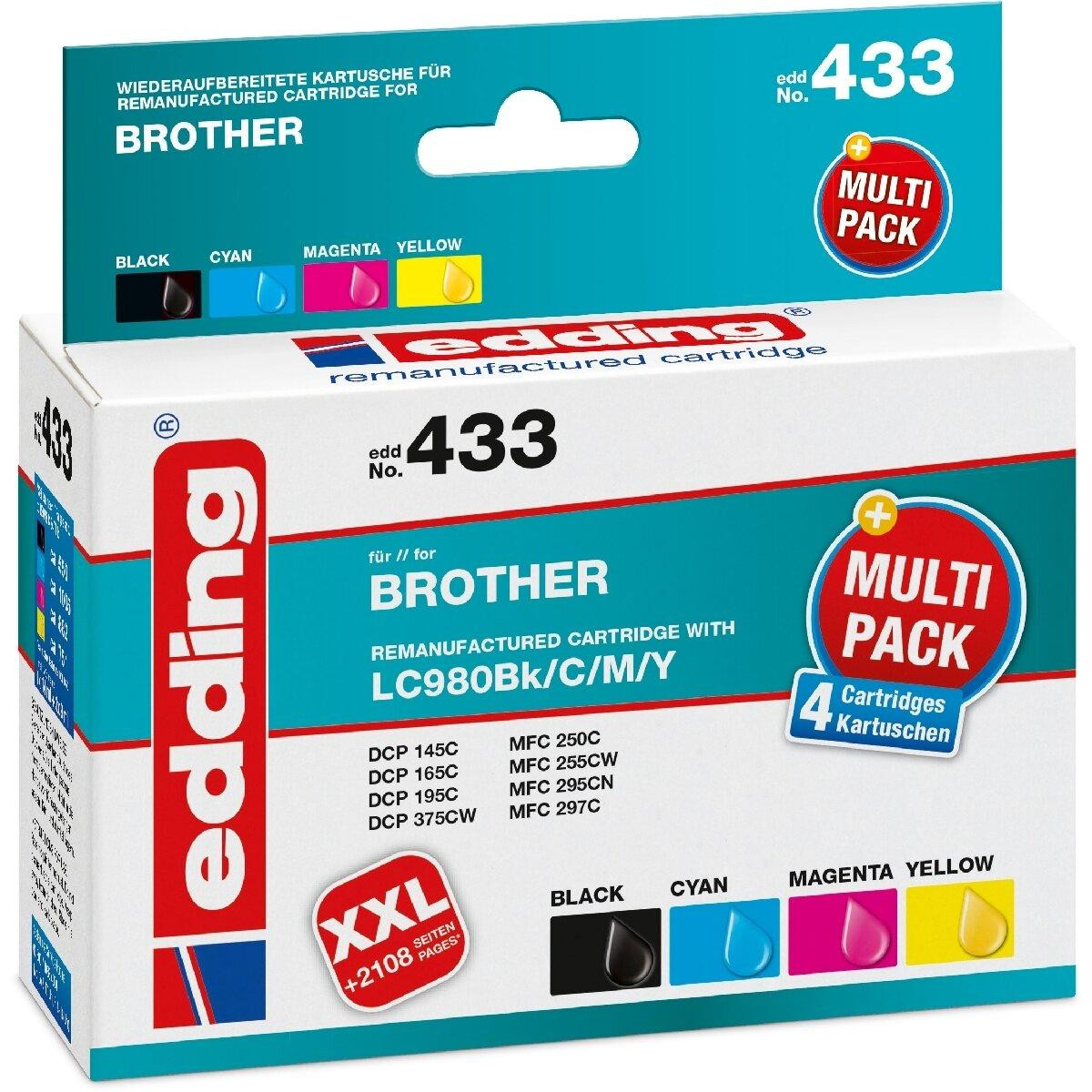 Edding set van 4 printerpatronen zwart cyaan magenta en geel compatibel met Brother LC-980BK/C/M/Y