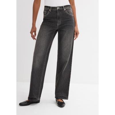 Weite Jeans BONPRIX, Damen, Gr. 52, N-Gr, grau (schwarz denim used (länge: regulär)), Denim/Jeans, Obermaterial: 99% Baumwolle, 1% Elasthan, loose fit, Jeans, loose fit Passform, hoher Bund, aus überwiegend Baumwolle