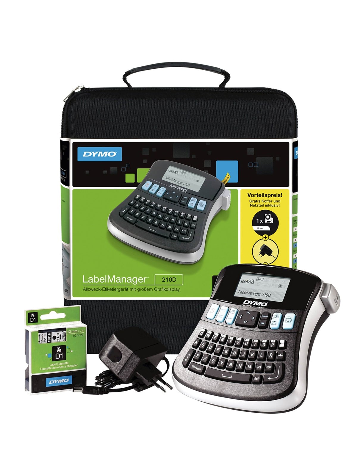 DYMO LabelManager 210D Beschriftungsgerät, mit 12mm schwarz auf weiß D1 Etiketten & Tragetasche