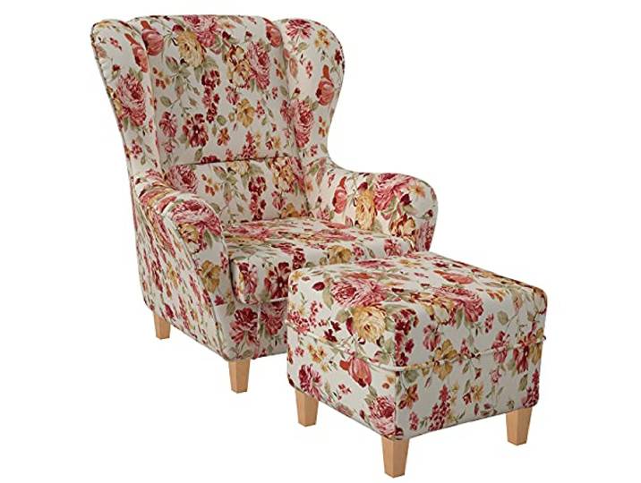 Supellex Ohrensessel »Sofia«, Design Pfingstrose, rot, beige (Design-Nr.: 5100), wahlweise mit Hocker