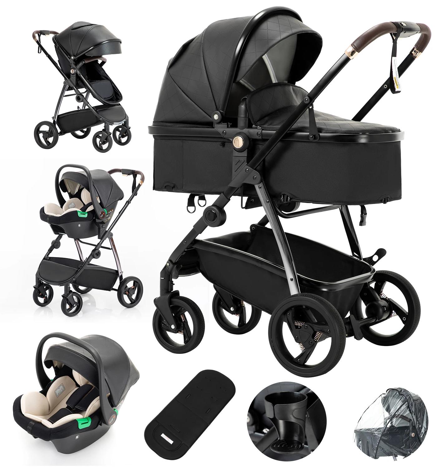 3 in 1 Kinderwagen - Kombikinderwagen Reisebuggy - Hohe Sitzposition ab Geburt bis 20 kg - Mit Babywanne - Kunstleder - Klappbar - Schwarz