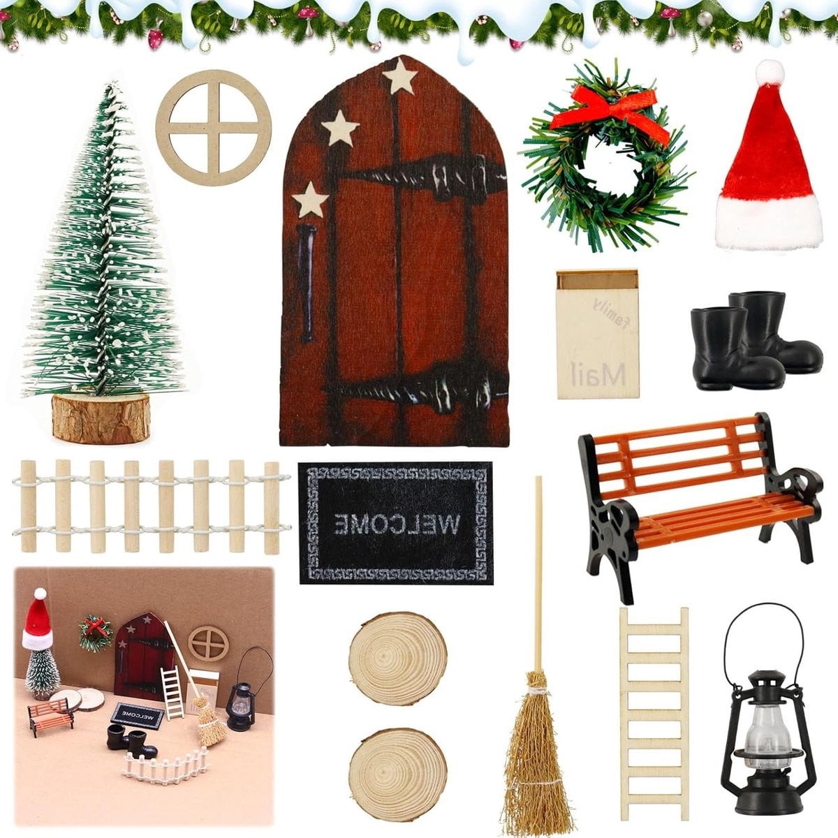 Kerstkabouter set met miniature decoratie en accessoires voor op tafel