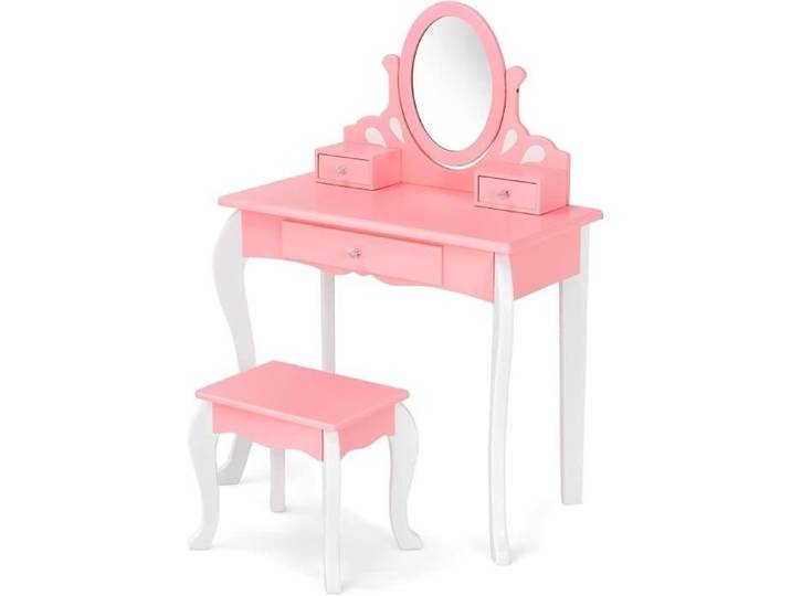 GOPLUS Coiffeuse Enfants avec Miroir Rotatif à 360 °Amovible avec Tabouret Confortable 3 Tiroirs Cadeau pour Filles Rose