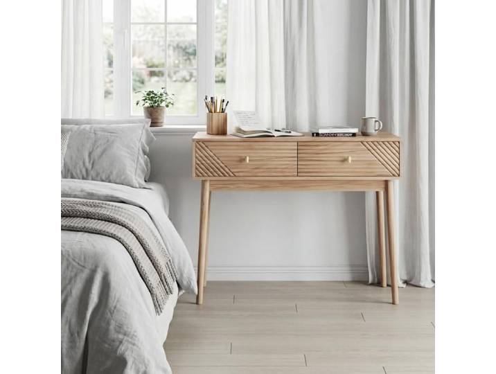 Console bureau style Mid-Century moderne décor chêne 100 x 35 x 80 cm avec 2 tiroirs