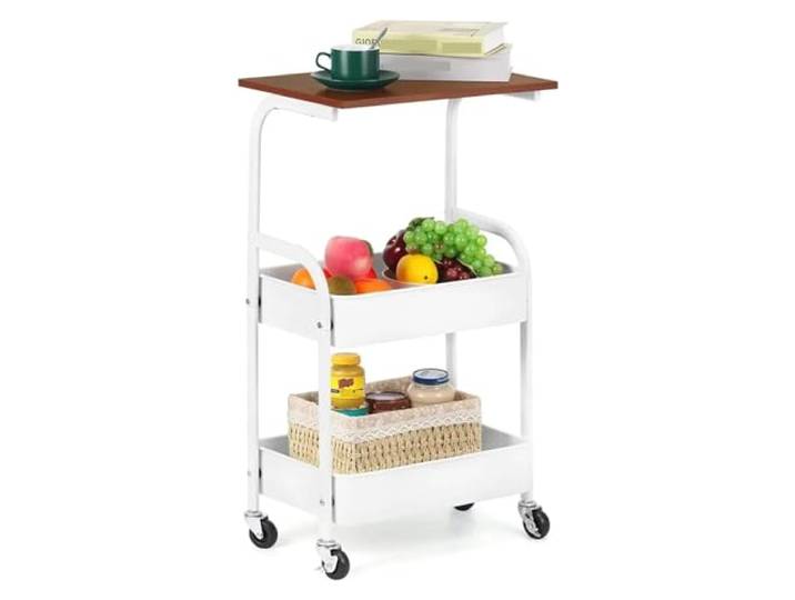 XXAD553TY Essen Rollbarer Aufbewahrungswagen for die Küche, Weiß 3-stufiger schlanker Aufbewahrungswagen mit Rädern, mobiler Mehrzweckwagen mit Holztischplatte,
