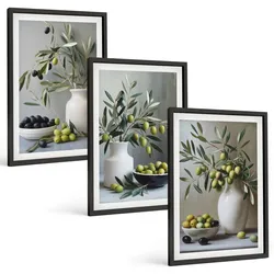 BILDER SET 3er Set - 40x60 cm Schwarzer Rahmen - Oliven in grauen Vasen
