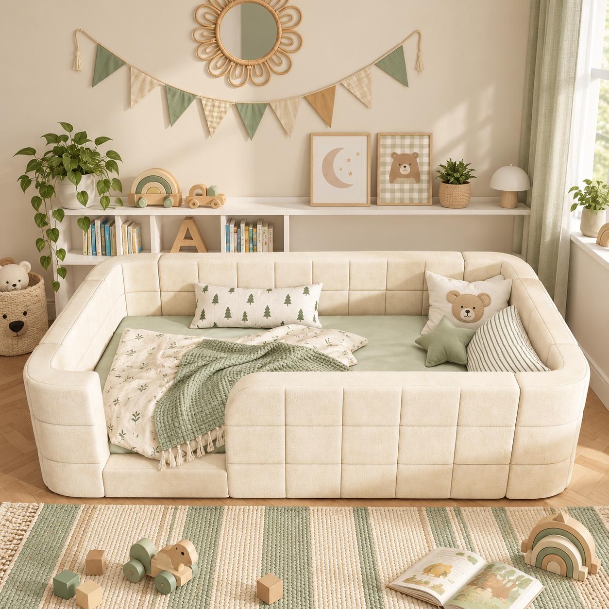Kinderbett 90x190 cm, beiges Polsterbett mit Schutzgitter, niedrigem Einstieg und Lattenrost