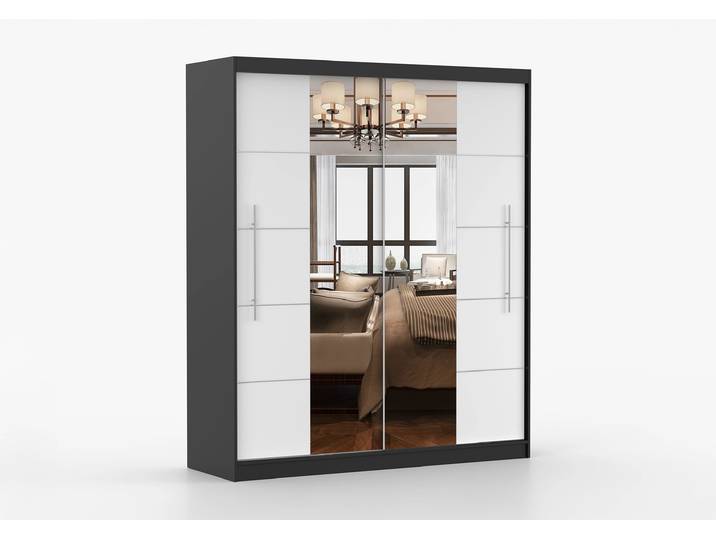 Schwebetürenschrank TORINO III 203 cm Schwarz Weiß + Spiegel Ohne LED-Beleuchtung