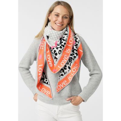Dreieckstuch ZWILLINGSHERZ "Love is Love", Damen, orange (orange, beige), Feinstrick, Materialmix, gemustert, mehrfarbig, Modetücher, Feinstrick, Schriftzug, Animal-Muster, wärmend