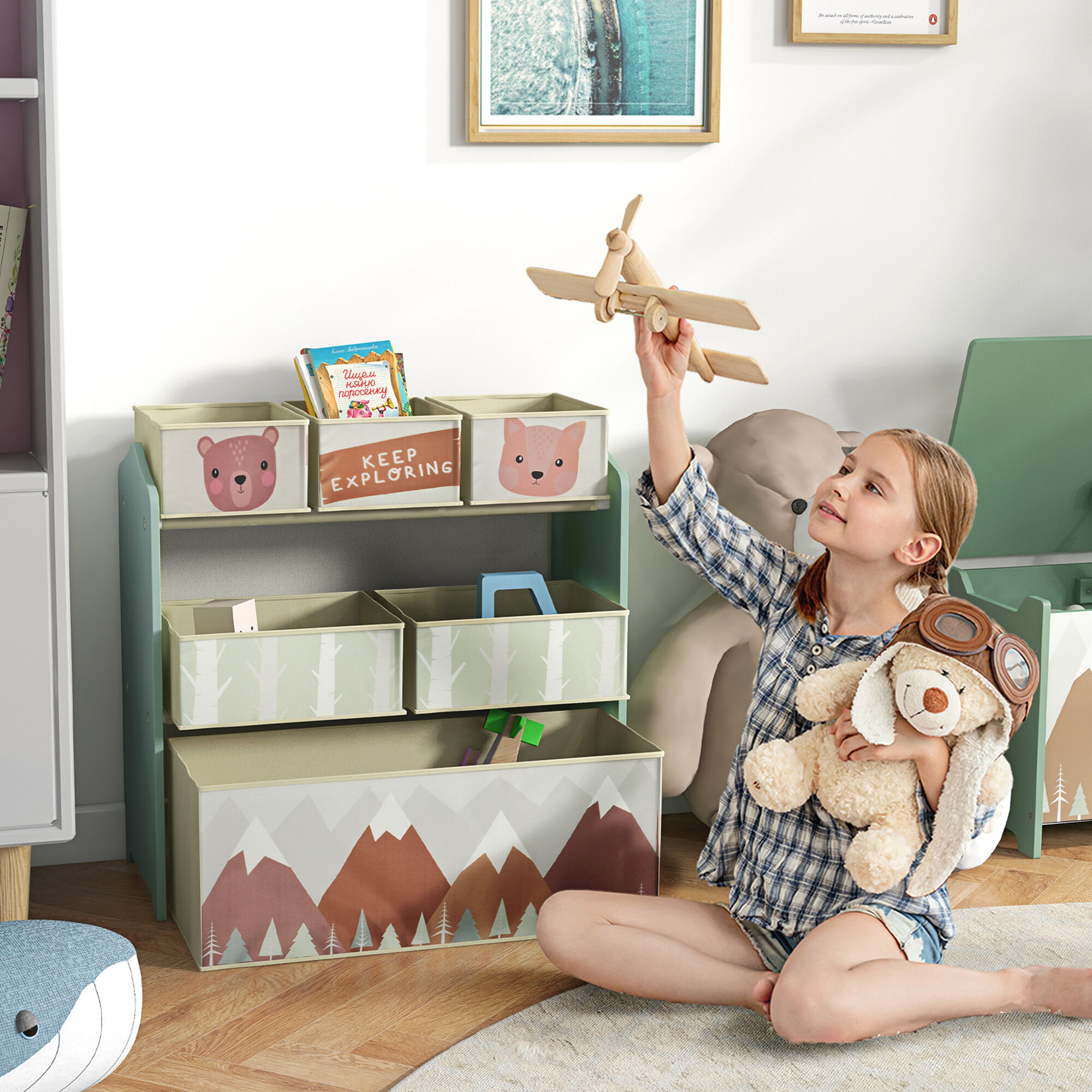 Altro Scaffale Portagiochi Per Bambini Con 6 Contenitori Rimovibili In Tessuto, 63x30x66cm, Verde
