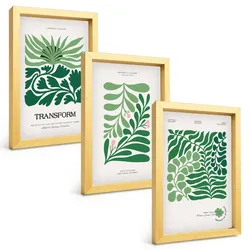 BILDER SET 3er Set - 20x30 cm Goldrahmen - Formen grüner Blätter