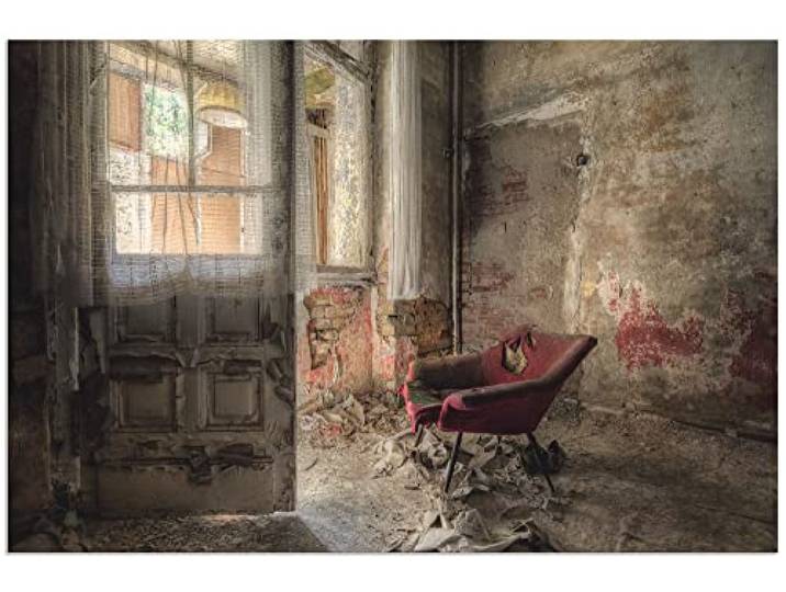 ARTland Wanddeko Wandbild Alu Verbundplatte für Innen & Outdoor Bild 90 x 60 cm Architektur Ruinen Zimmer Möbel Sessel Rot Foto Bunt Lost Place Vintage T9SC