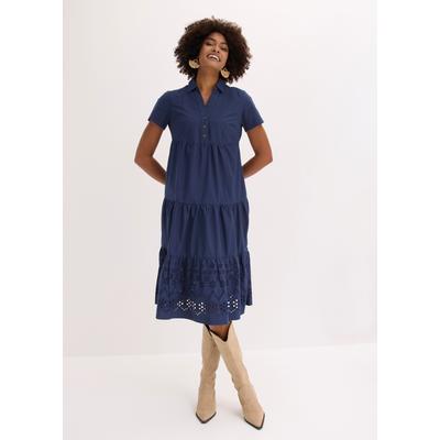 Tunikakleid BONPRIX, Damen, Gr. 40, N-Gr, blau (dunkelblau), Obermaterial: 100% Baumwolle, ausgestellt, Kleider, lockere Tunika-Form, mit Lochstickerei, Kurzarm-Design, aus Baumwolle