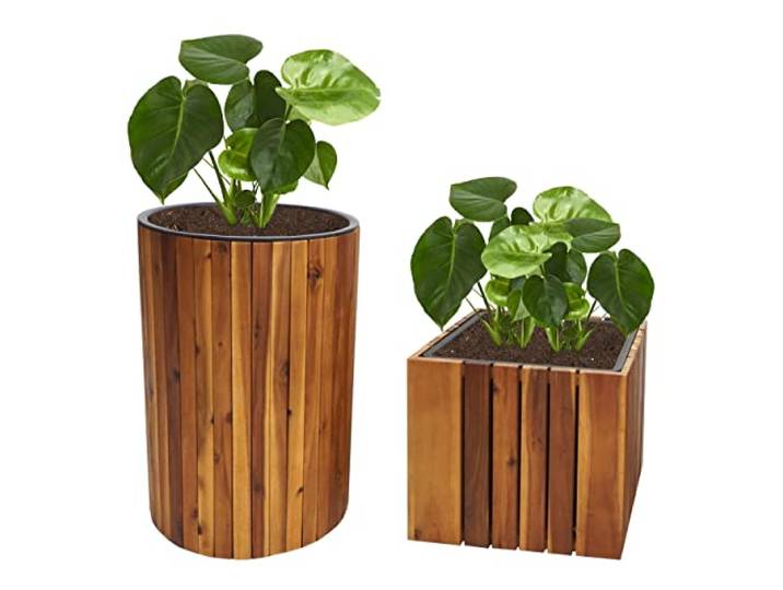 Mendler 2er-Set Pflanzkasten HWC-L24 Akazie, braun, rund eckig Outdoor