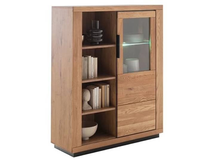 Lomadox Highboard Vitrinenschrank mit Beleuchtung in Eiche teilmassiv, Fronten Massivholz/Echtholz