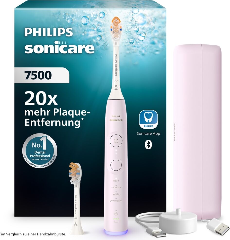 Elektrische Zahnbürste PHILIPS SONICARE "Series 7500", rosa, ElektrozahnbürstenB:17,1cm H:23,2cm T:6cm, Elektrische Zahnbürste, mit Drucksensor und 3 Intensitätsstufen, inkl. Reiseladeetui, B:17,1cm H:23,2cm T:6cm