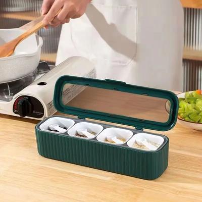 Inspired Living ClearView 4 Piece Spice Container Set With Rack & Spoons Crystal Seasoning Box Organizer green