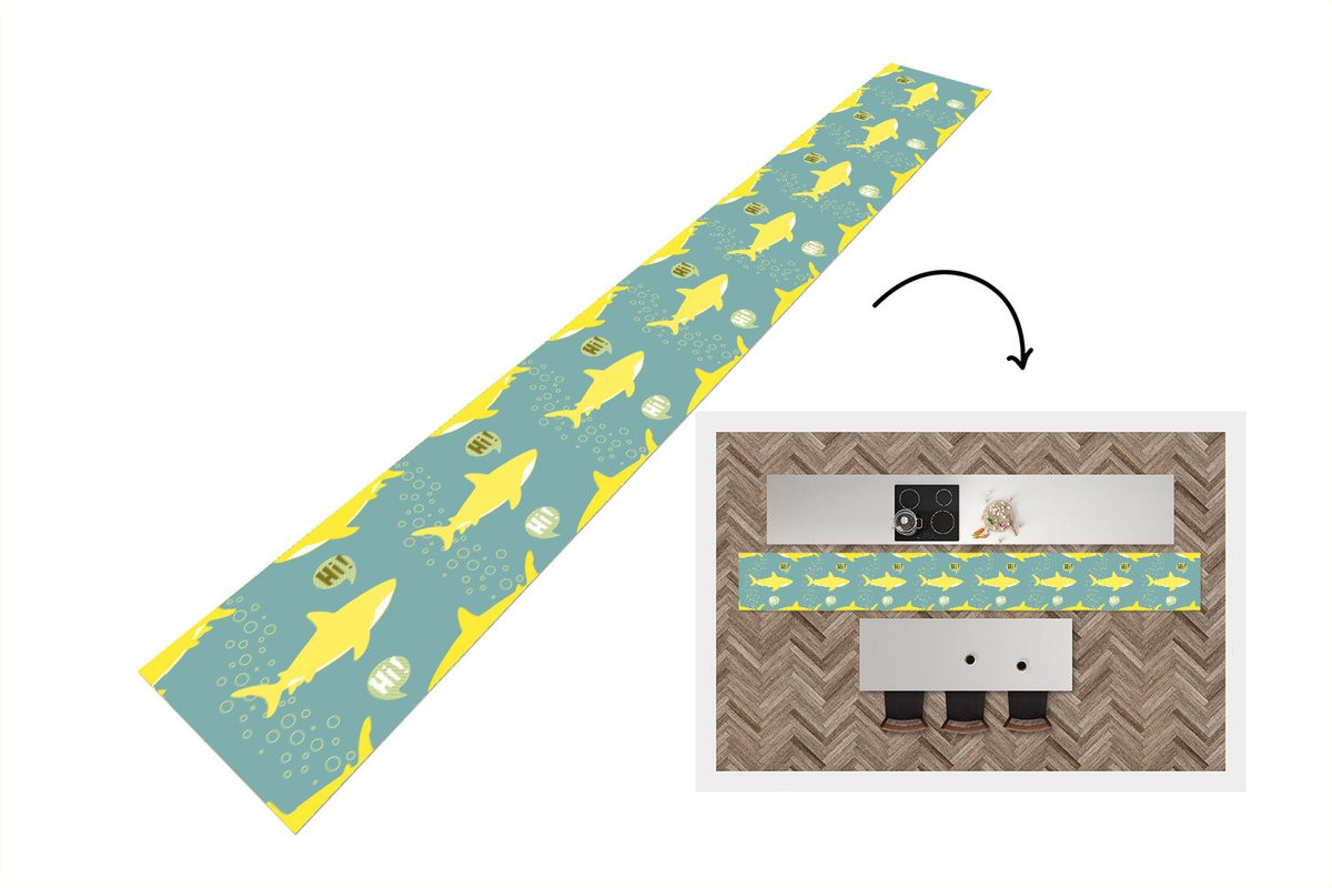 KitchenYeah Keukenloper Haai Cartoon Geel Vinyl - 480 x 60 cm
