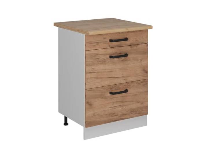Vicco Küchenunterschrank R-Line, Goldkraft Eiche, 60 cm 3 Schubladen · Arbeitsplatte Eiche · Höhenverst. Füße · Leichter Zugriff · Frei kombinierbar
