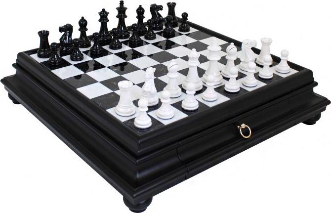 Italienische Schachfiguren Weiss/Schwarz Holz + Schachbrett Marmor/Holz 46