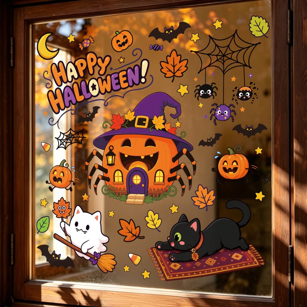 37 Stuks Halloween Raamstickers - Dubbelzijdig Bedrukte Statische PVC Raamfolie met Pompoen, Spook, Zwarte Kat en Heksenhuisje - Halloween Decoratie