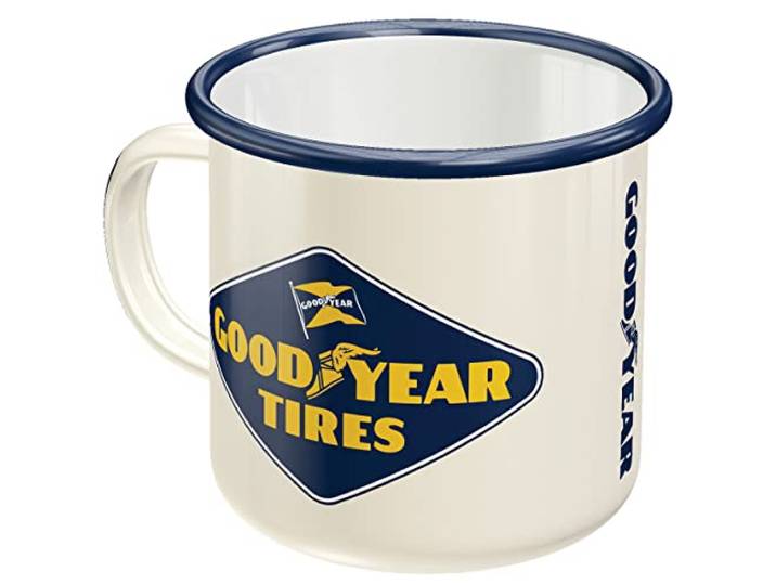 Nostalgic-Art, Goodyear Retro emaille mok, logo wit, cadeau-idee voor auto- en motorfans, campingbeker, vintage design, 360 ml, 1 stuk