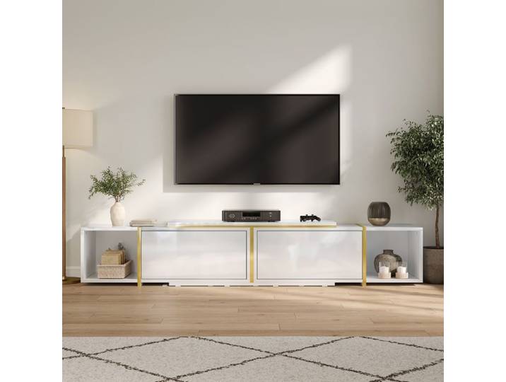 Meuble TV extensible blanc brillant avec niches ouvertes 275 cm