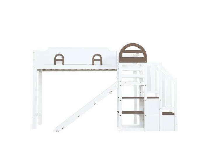 Redom Etagenbett 90/200 cm mit Rutsche, Stauraumtreppe, Fenstern und Rundum-Absturzschutz aus Kiefer/MDF, Weiß, 90x200 cm, Babymöbel & Kindermöbel, Kinderzimmer & Jugendzimmer, Stockbetten