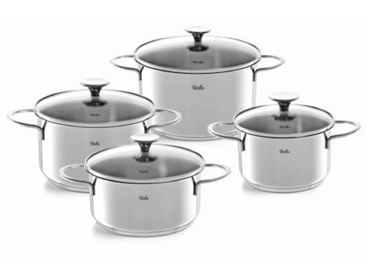 Fissler Copenhagen Roestvrijstalen pannenset, 4-delig, kookpannenset, potten met glazen deksel, 3 kookpannen, 1 braadpan - inductie