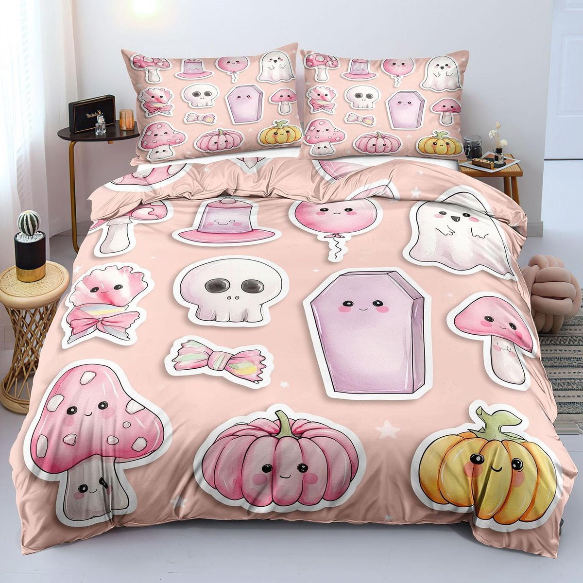 Omkeerbaar Halloween Dekbedovertrek Set met Schedel en Pompoen - Roze - 140x200 cm