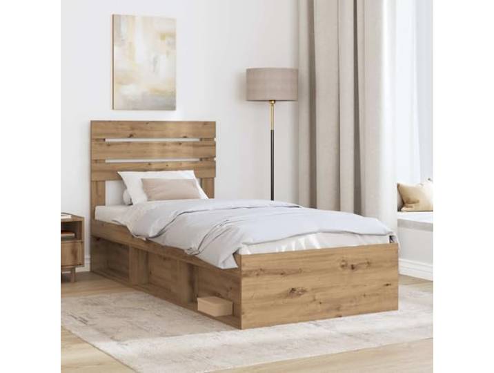 SKTQYQO Bettgestell Eiche Handwerk 100 x 200 cm Technisches Holz und massives Kiefernholz, Kopfteil inklusive, Lattenrost, leicht zu reinigen