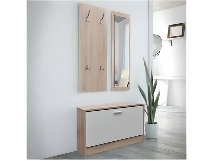 Meuble d'Entrée - Range-chaussures Porte-manteau et Miroir - Aspect chêne et blanc