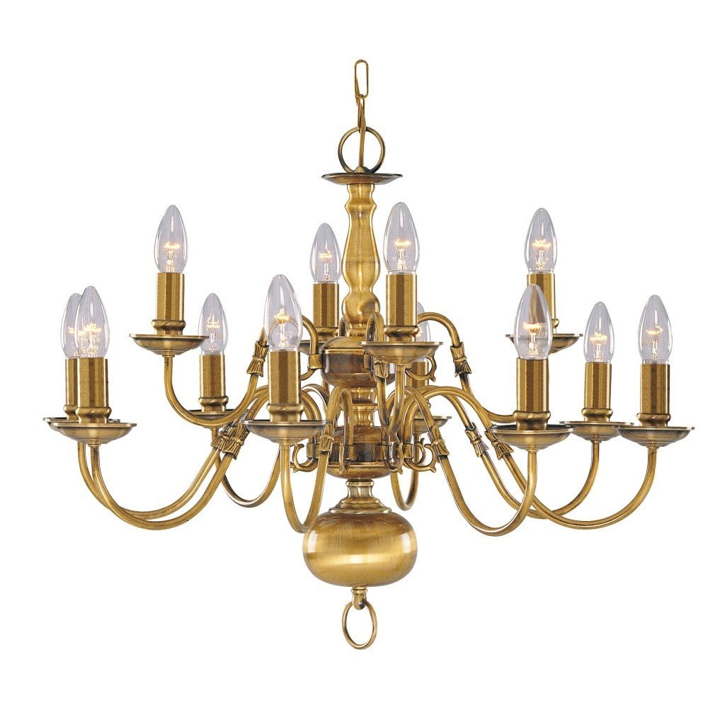 Searchlight Flemish Grote kroonluchter in goud/messing met transparant glas