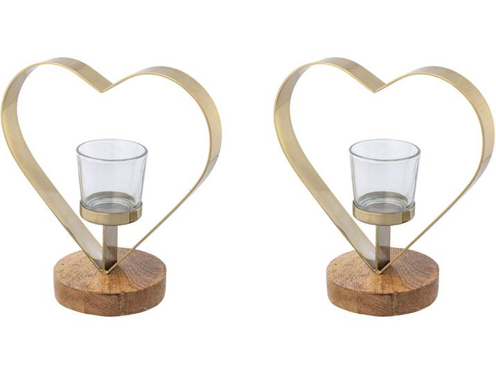 Teelichthalter CREATIV HOME Kerzenhalter Herz , beige (champagnerfarben), B:20cm H:20cm T:10cm, Edelstahl, Glas, Massivholz, Kerzenhalter, Teelichthalter, aus Holz, Edelstahl und Glas