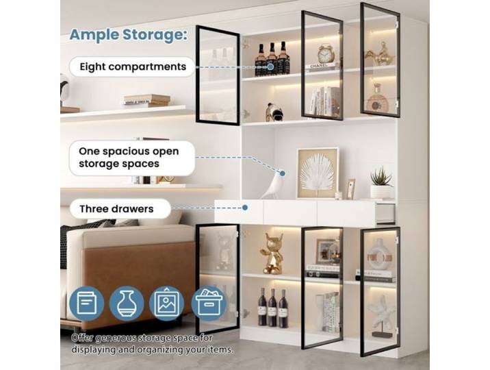 Vitrine de Rangement Spacieuse 36×120×200cm Pieds 7cm du Sol Robuste Idéale Toutes Pièces blanc VITRINE