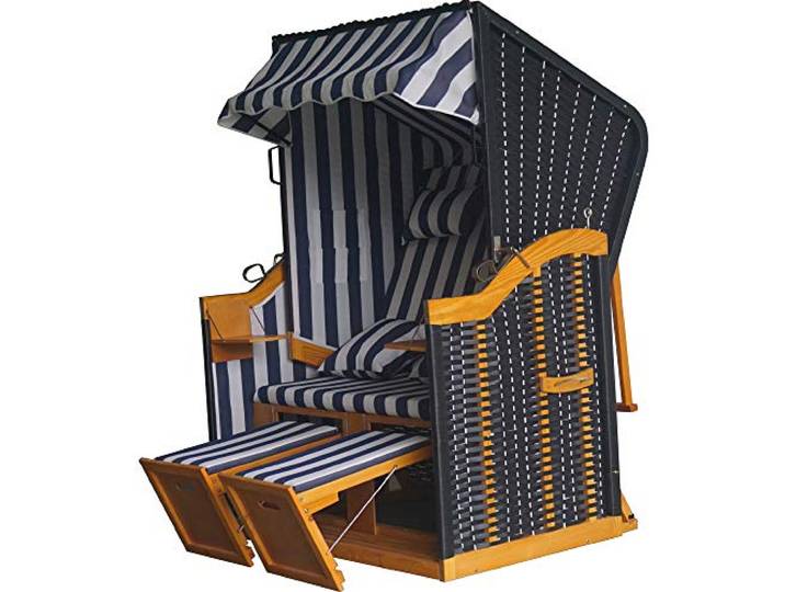 acamp Strandkorb wetterfest Sylt Optimaler Sitzkomfort Dank Verstellbarer Rückenlehne, Fußhockern & Dach Strandkorb 2-Sitzer aus FSC®-zertifiziertem Holz Kissen blau-weiß gestreift