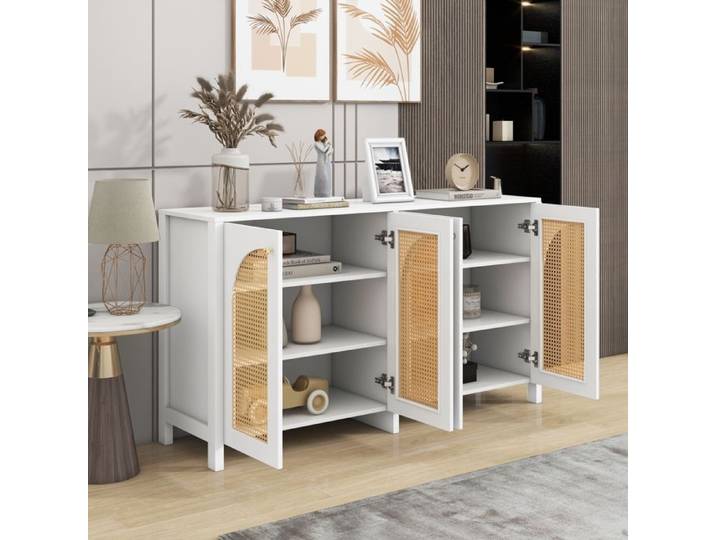 Buffet bas 4 portes en rotin ajouré - ELVMI - Poignées métalliques MDF blanc 145 × 40 × 80 cm