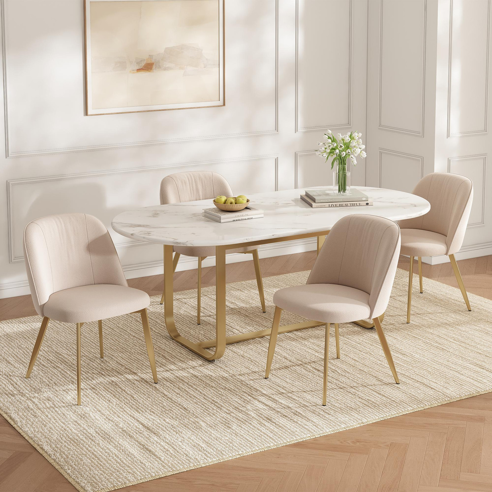 MODFU Set van 4 ergonomische eettafelsstoelen met goudkleurige metalen poten, beige