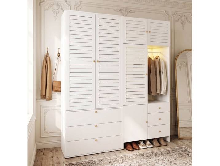 Armoire de chambre QAVRYL 180 x 50 x 200 cm blanche 6 tiroirs panier à linge et LED