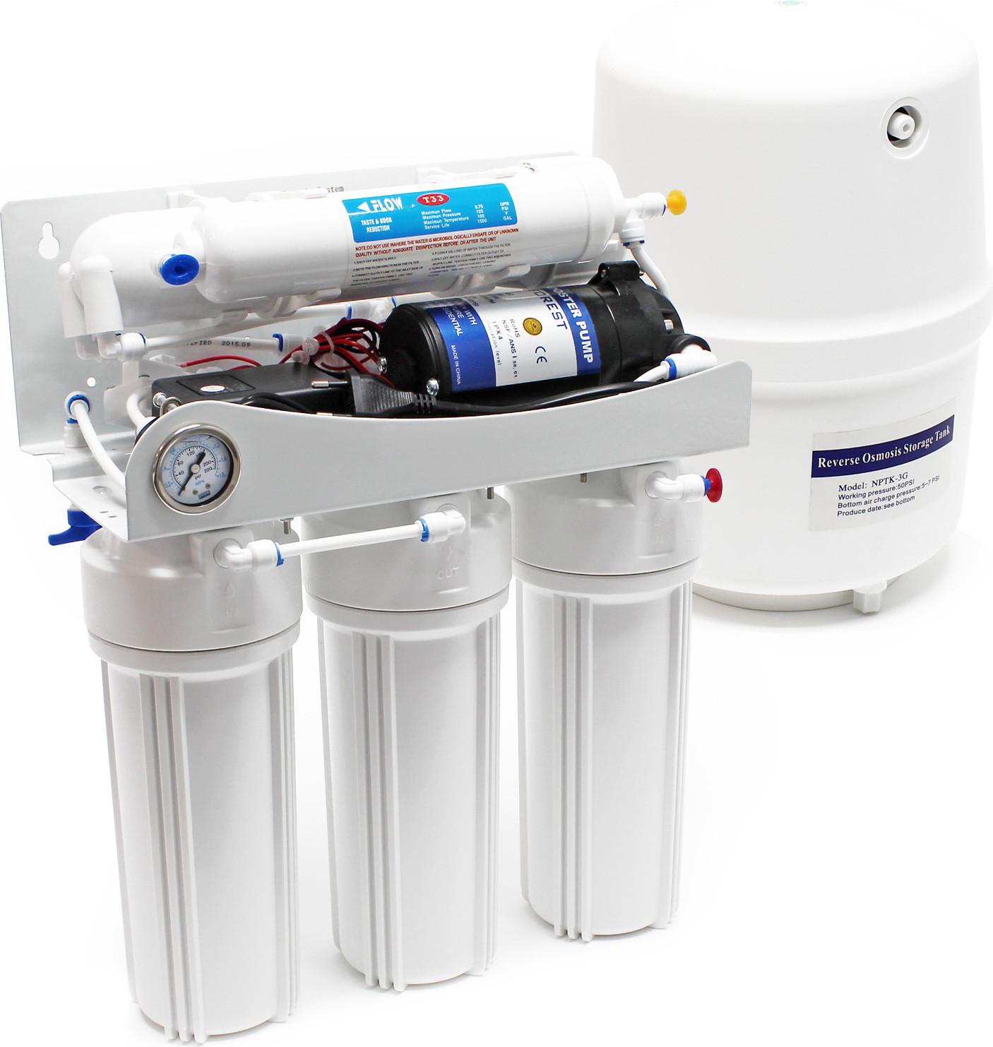 Naturewater omgekeerde osmose systeem met 5 filters, capaciteit 180 liter per dag, inclusief drukverhogingspomp en drukmeter voor schoon drinkwater