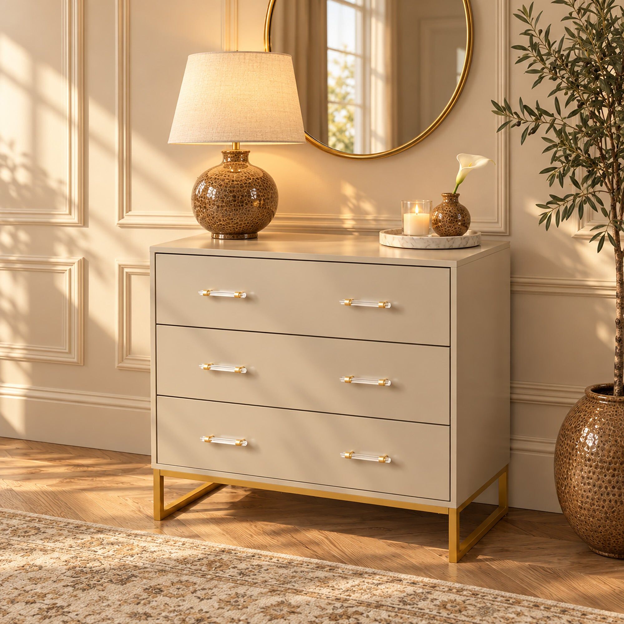 Large Neutral 3 Drawer Chest of Drawers - Liana Taupe Range Coated MDF, Metal
