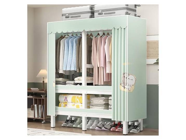 MmcdylyhEU Tragbarer, Faltbarer Kleiderschrank mit Abdeckung – freistehender Metall-Kleiderständer, Organizer, Stahlrohr-Kleideraufbewahrung(Green1,150x175x52cm)