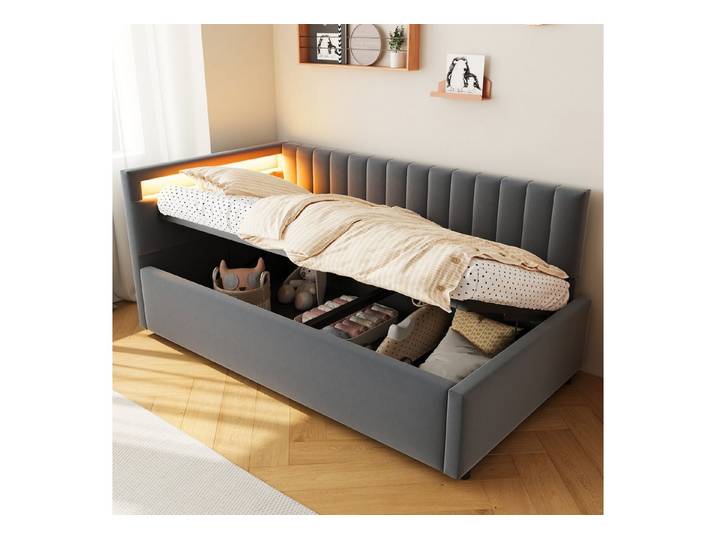 KLAM HOME Schlafsofa Polsterbett, 90x200cm, mit LED-Beleuchtung und hydraulischem Stauraum, klassisches vertikales Streifendesign, mit Lattenrost, Samtstoff, Beige, ideal für Wohn- und Schlafzimmer gleichermaßen
