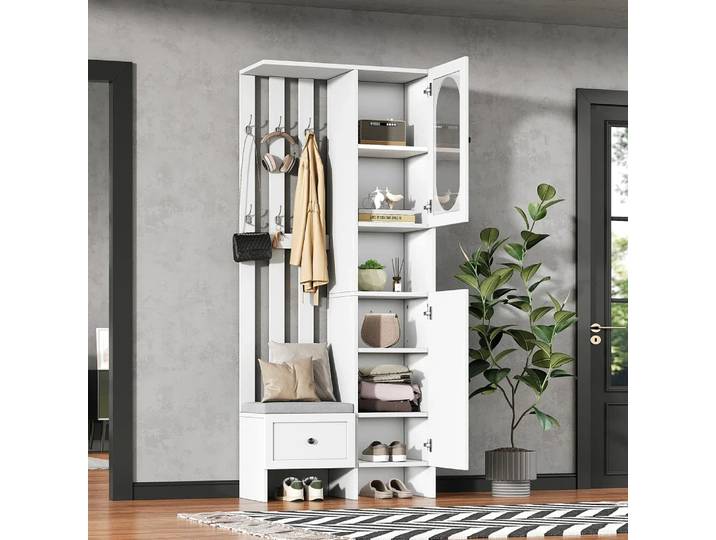 Armoire d'entrée compacte 85*33,5*200cm-armoire de rangement, ensemble de garde-robe avec fonction Shoeshine, rangement d'entrée à la maison