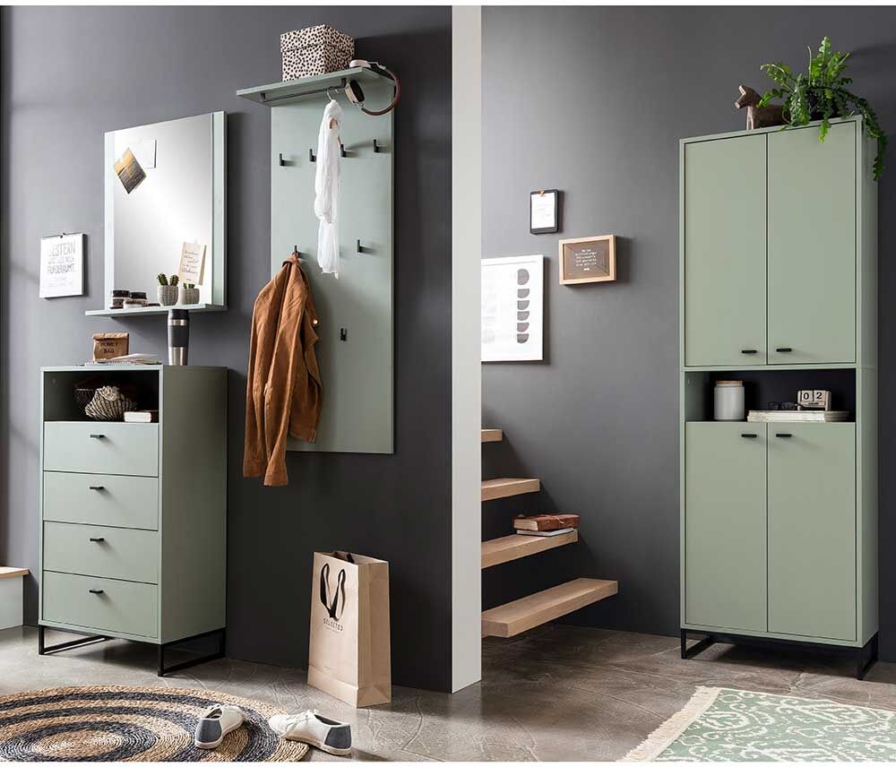 Pharao24.de Garderobenset Flur in Graugrün Skandi Design (vierteilig)