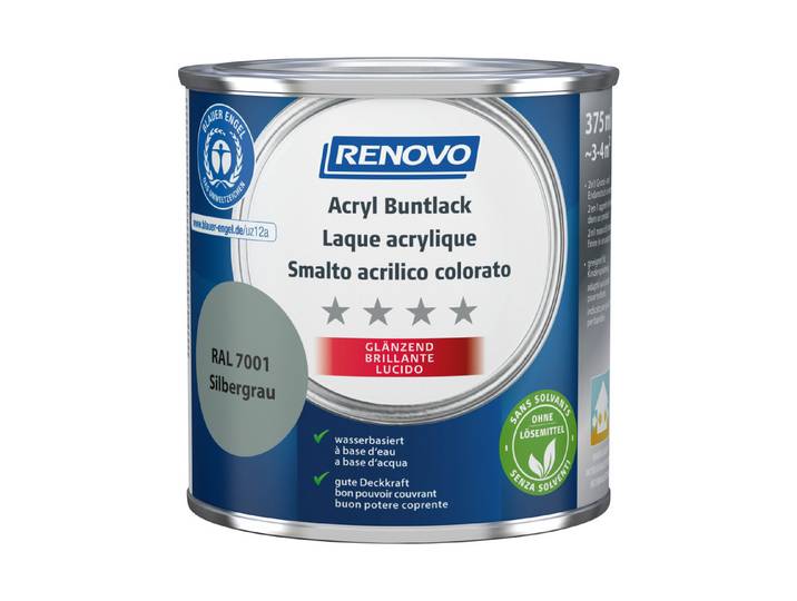 Renovo Acryl-Buntlack Silbergrau RA l 7001 Glänzend 375 ml