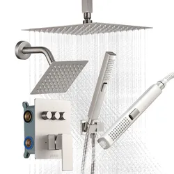 VEVOR Duschsystem-Set inkl. 10 Zoll Regenduschsystem / 6 Zoll Wandmontagekopf / 2 in 1 Handbrause, drehbarer Doppelregenkopf (3  Funktionen), Messingventil und Verkleidungssatz, gebürstetes Nickel